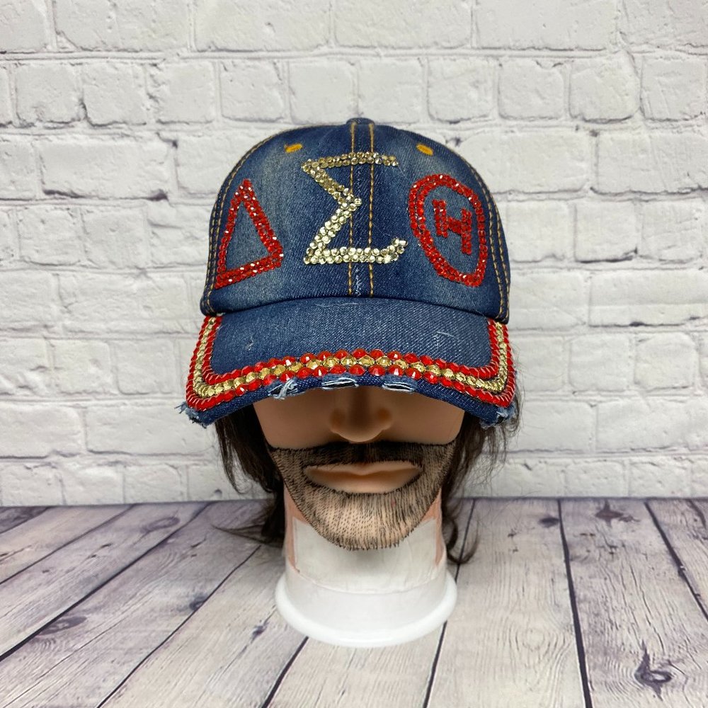 Distressed Hat Cap Women Strap Back Blue Denim Beaded Dazzled Rhinestones Bling